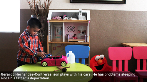 Gerardo Hernandez-Contreras’ son plays with his cars. He has problems sleeping since his father’s deportation. 